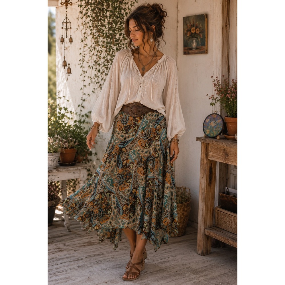 Boho Cottagecore Western Orange Paisley A Line Flowy Multi Color 1X Midi Skirt